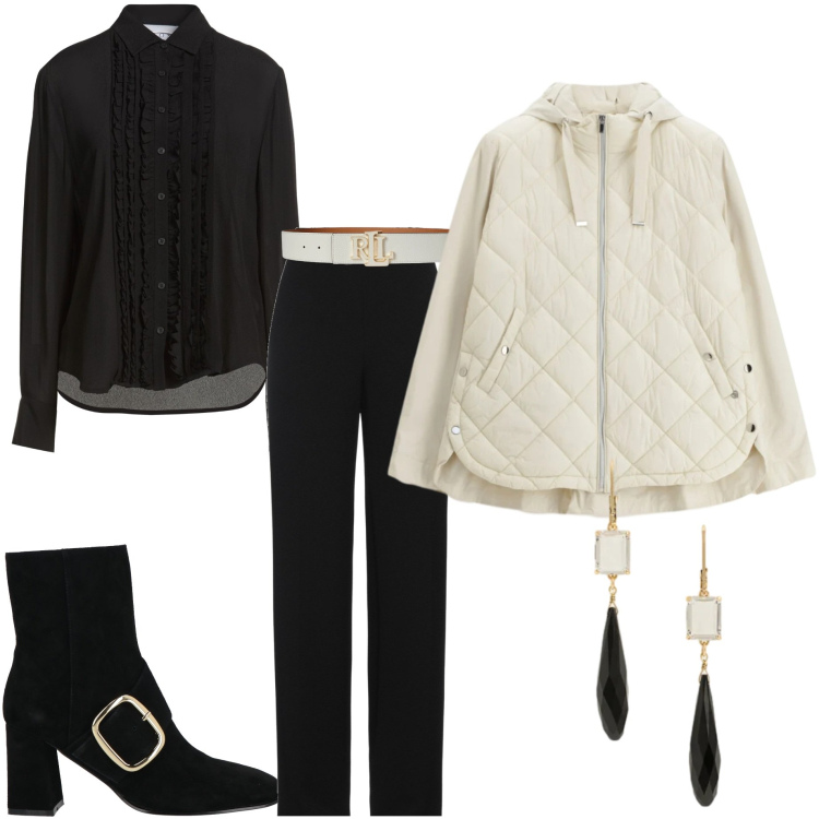 Outfit donna - Un tocco di luce d\'inverno. Stile Casual chic per Tutti i giorni. Abbinamento con pantaloni, camicie, stivaletti, giacche, orecchini, cinture.