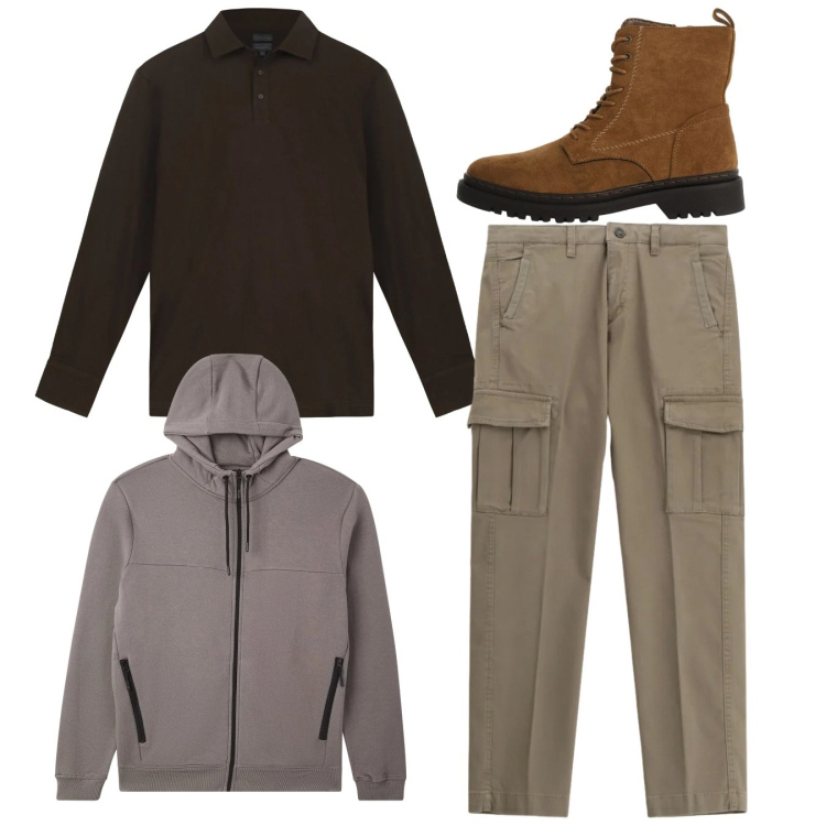 Outfit uomo - City. Stile Casual per Tutti i giorni. Abbinamento con felpe con cappuccio, pantaloni cargo, anfibi, polo.