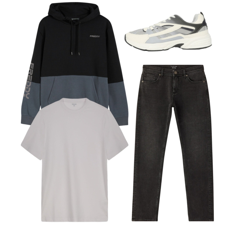 Outfit uomo - City. Stile Casual per Tutti i giorni. Abbinamento con jeans, sneakers, felpe con cappuccio, t-shirt.