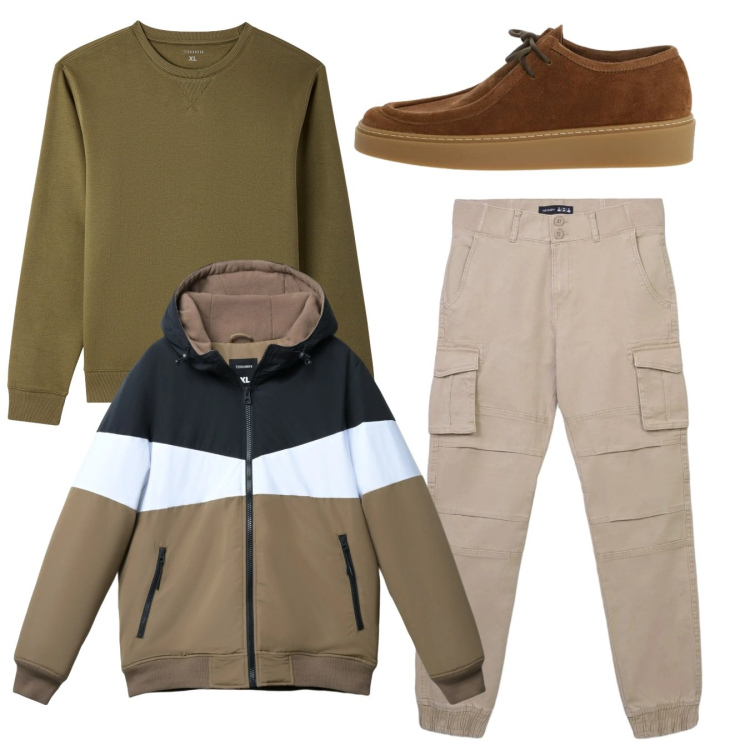 Outfit uomo - City. Stile Casual per Tutti i giorni. Abbinamento con felpe, pantaloni cargo, piumini, scarpe stringate.
