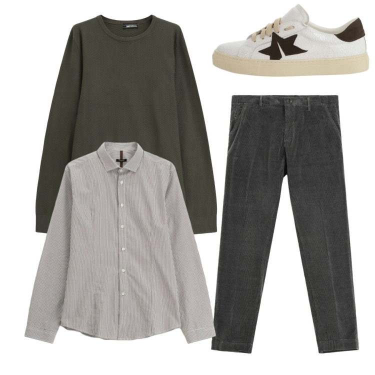 Outfit uomo - Total look. Stile Casual per Tutti i giorni. Abbinamento con camicie, pantaloni chino, sneakers, maglieria.