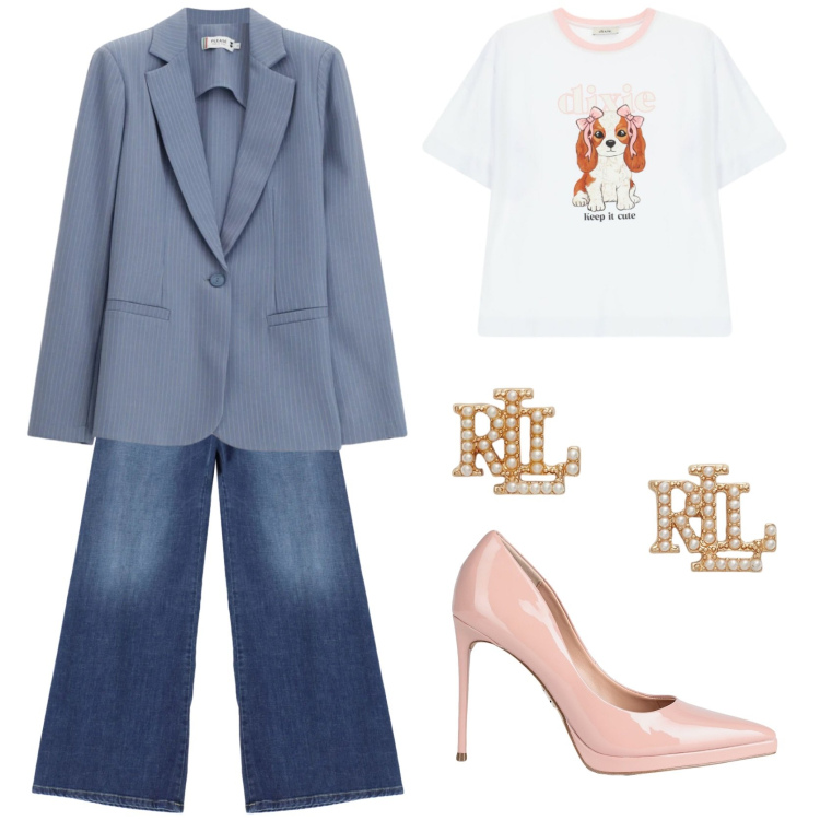 Outfit donna - Una bella giornata. Stile Bon Ton per Tutti i giorni. Abbinamento con décolleté, t-shirt, blazer, jeans, orecchini.
