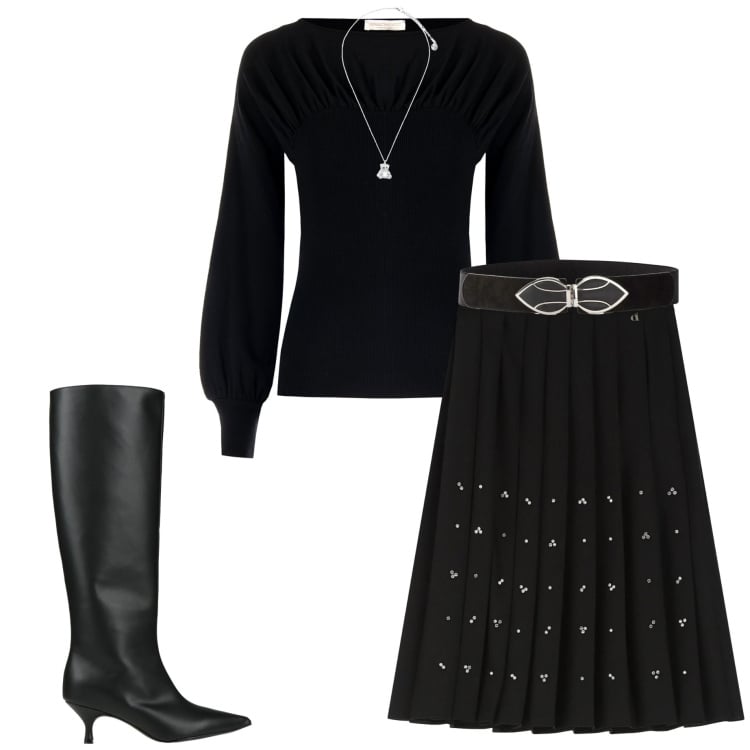 Outfit donna - Un tocco di luce d\'inverno. Stile Casual chic per Serata fuori. Abbinamento con stivali, cinture, maglieria, gonne longuette, ciondoli.