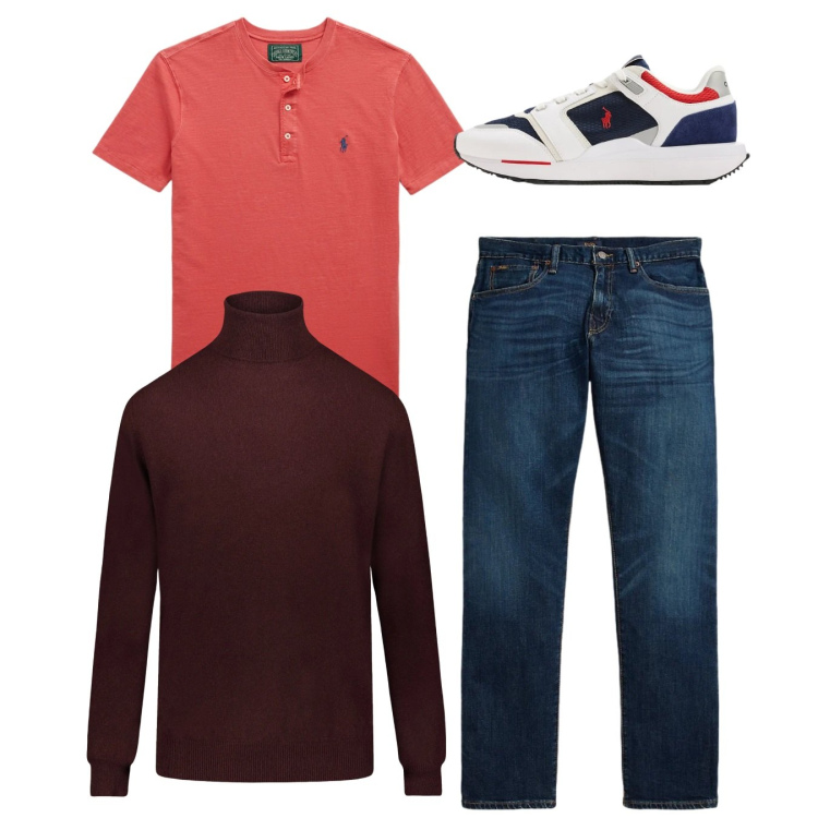 Outfit uomo - City. Stile Casual per Tutti i giorni. Abbinamento con jeans dritti, sneakers, t-shirt, maglieria.