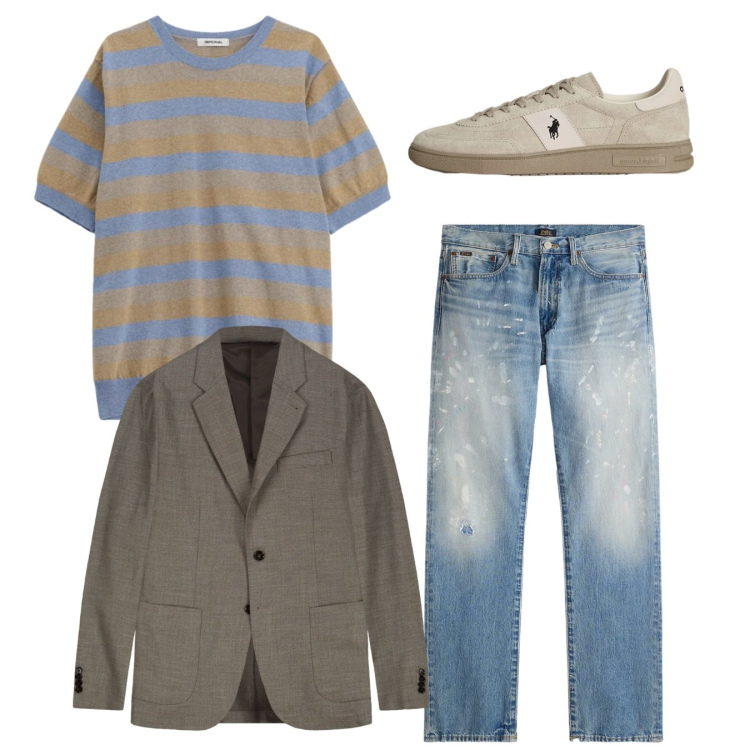 Outfit uomo - City. Stile Casual per Tutti i giorni. Abbinamento con maglieria, jeans dritti, sneakers, giacche.