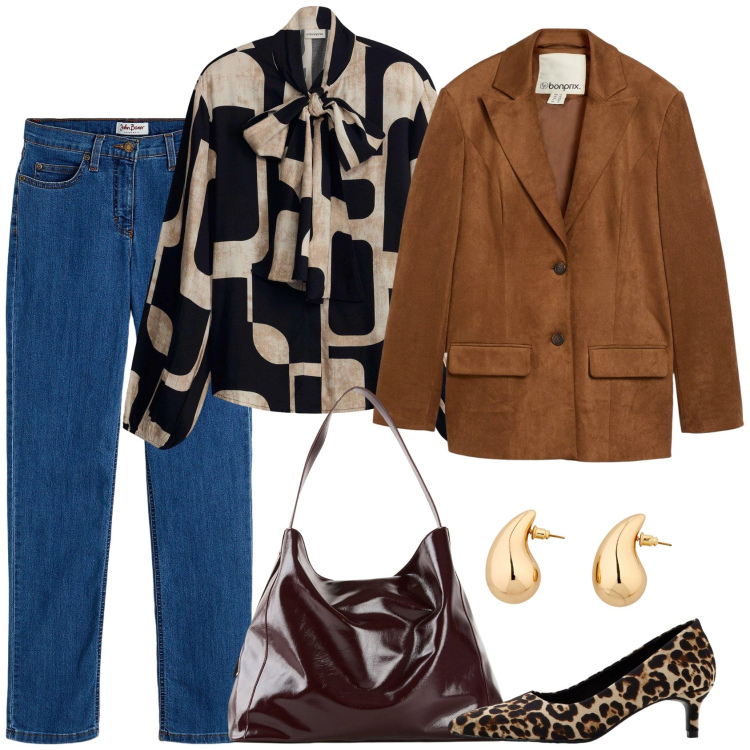 Outfit donna - Tra due stagioni. Stile Casual chic per Ufficio. Abbinamento con jeans dritti, décolleté, blazer, shopping bag, orecchini, camicie.