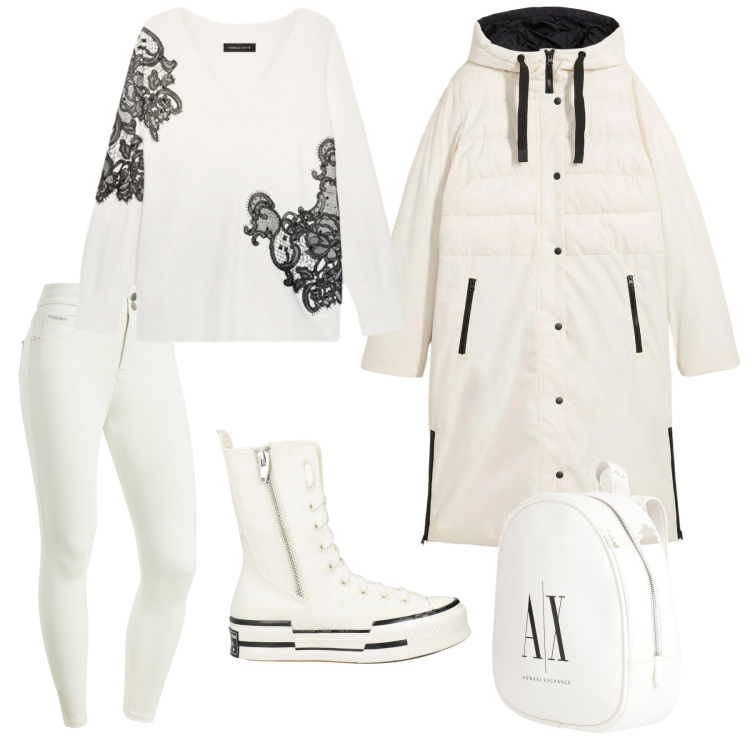 Outfit donna - Bianco e nero. Stile Casual per Tutti i giorni. Abbinamento con stivaletti, zaini, piumini, maglieria, pantaloni skinny.