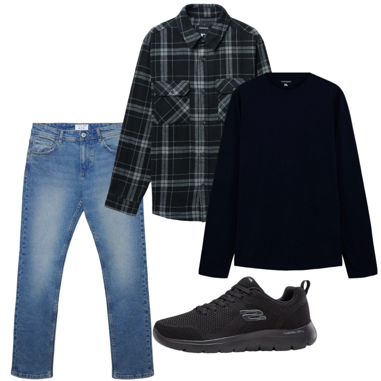 Outfit uomo - Febbraio. Stile Casual per Tutti i giorni. Abbinamento con sneakers, t-shirt, cappotti, jeans dritti.
