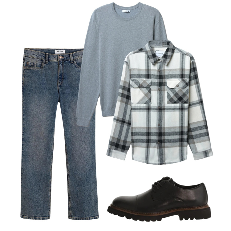 Outfit uomo - Febbraio. Stile Casual per Tutti i giorni. Abbinamento con jeans bootcut, cappotti, maglieria, scarpe stringate.