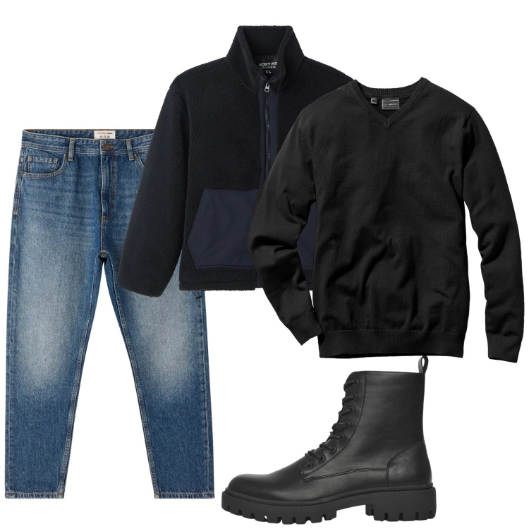 Outfit uomo - Febbraio. Stile Casual per Tutti i giorni. Abbinamento con maglieria, anfibi, jeans, cappotti.