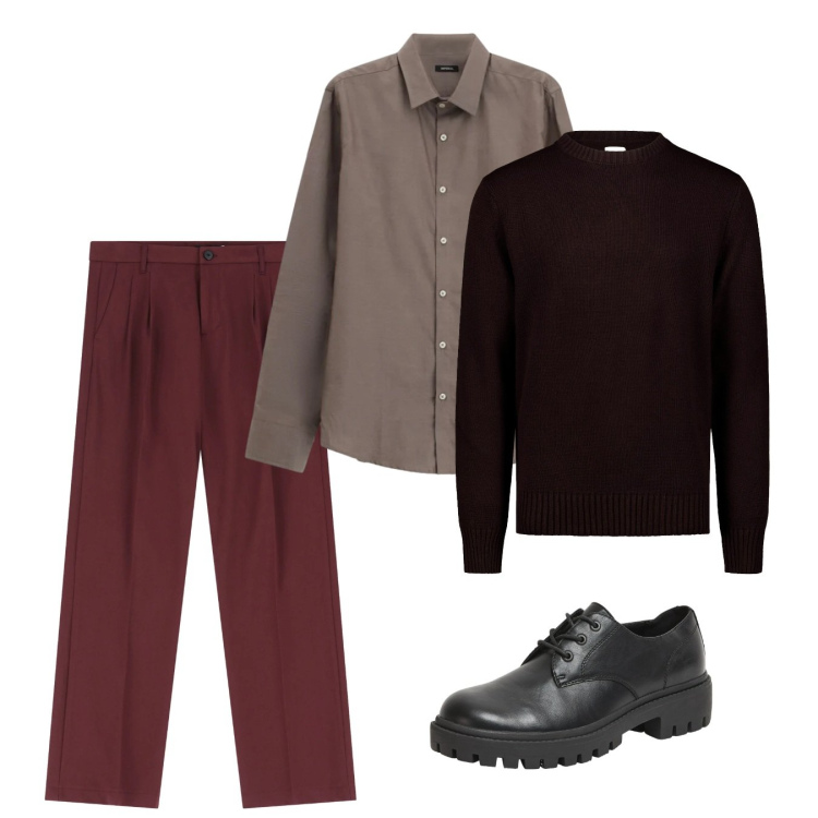 Outfit uomo - Febbraio. Stile Casual per Tutti i giorni. Abbinamento con scarpe stringate, pantaloni, camicie, maglieria.