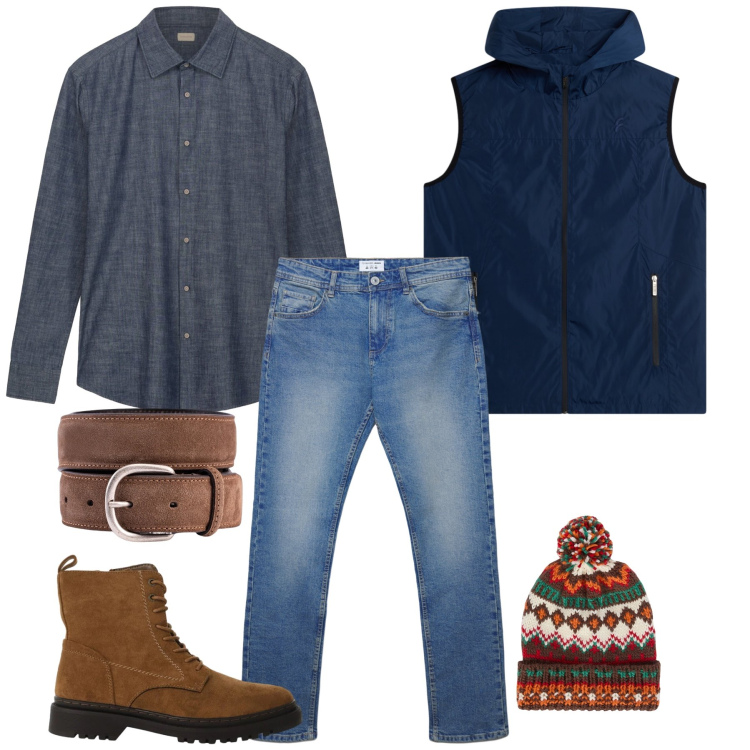 Outfit uomo - Explorer Mindset. Stile Trendy per Tutti i giorni. Abbinamento con anfibi, jeans dritti, piumini, berretti, camicie, cinture.