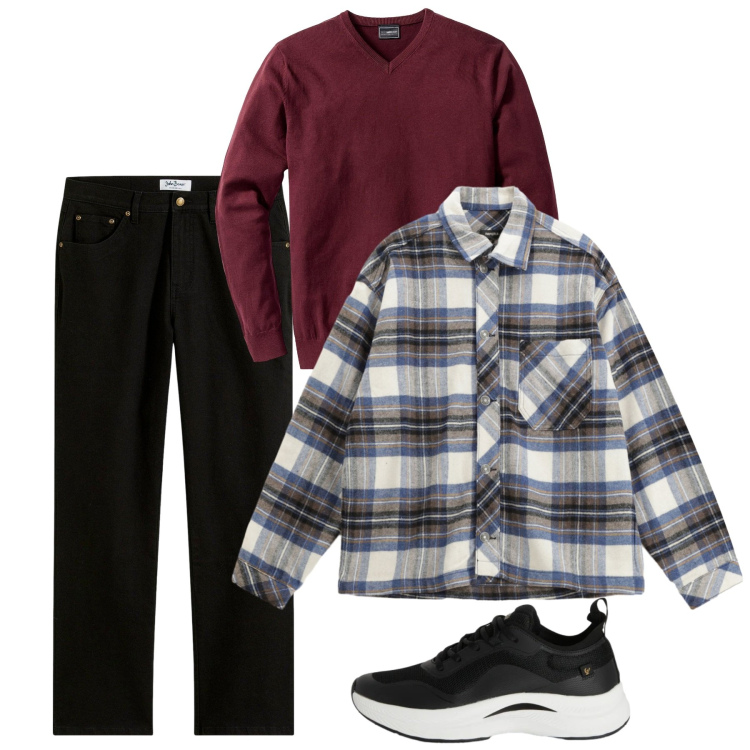 Outfit uomo - Febbraio. Stile Casual per Tutti i giorni. Abbinamento con maglieria, jeans dritti, camicie, sneakers.