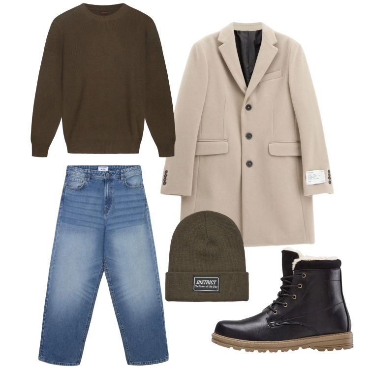 Outfit uomo - City Minimalist. Stile Urban per Tutti i giorni. Abbinamento con stivali e stivaletti, jeans, berretti, cappotti, maglieria.