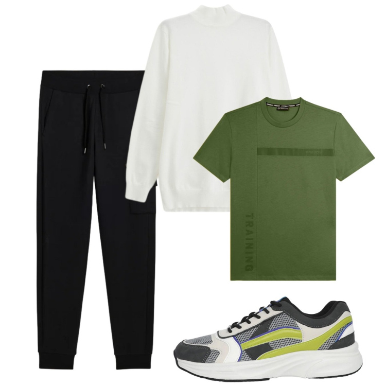 Outfit uomo - Febbraio. Stile Casual per Tutti i giorni. Abbinamento con maglieria, sneakers, pantaloni cargo, t-shirt.