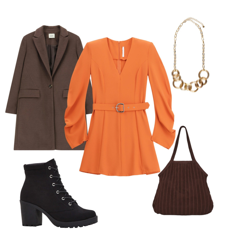 Outfit donna - Sunset Chic. Stile Glamour per Tutti i giorni. Abbinamento con stivaletti, shopping bag, vestiti corti, collane, cappotti.