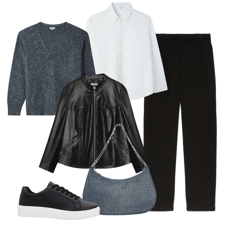 Outfit donna - Luce in città. Stile Urban per Tutti i giorni. Abbinamento con sneakers, giacche, pantaloni, maglieria, borse a tracolla, camicie.