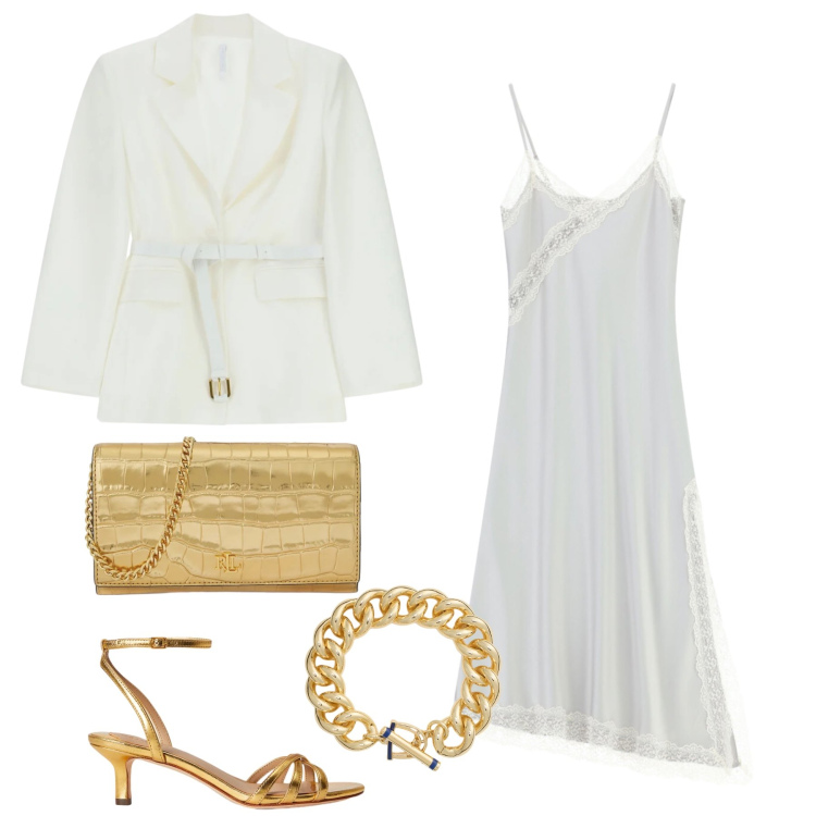 Outfit donna - Pearl & Gold. Stile Romantica per Serata fuori. Abbinamento con blazer, vestiti lunghi, borse a tracolla, braccialetti, sandali in pelle.