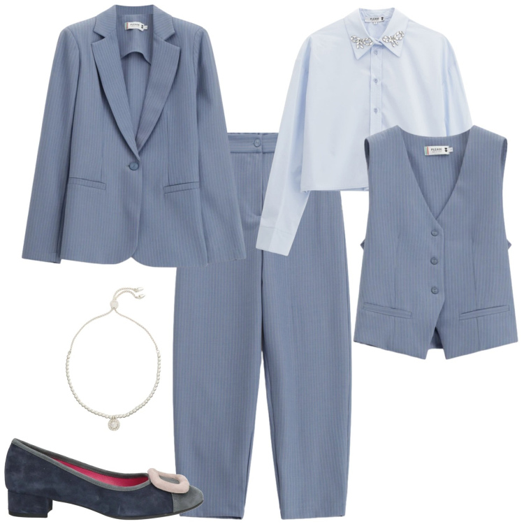 Outfit donna - Minimal chic ufficio cerimonia. Stile Minimal per Cerimonia. Abbinamento con décolleté, pantaloni, blazer, gilet, camicie, braccialetti.