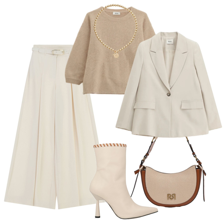 Outfit donna - Soft nuance. Stile Glamour per Tutti i giorni. Abbinamento con stivaletti, pantaloni a palazzo, maglieria, blazer, borse a tracolla, collane.