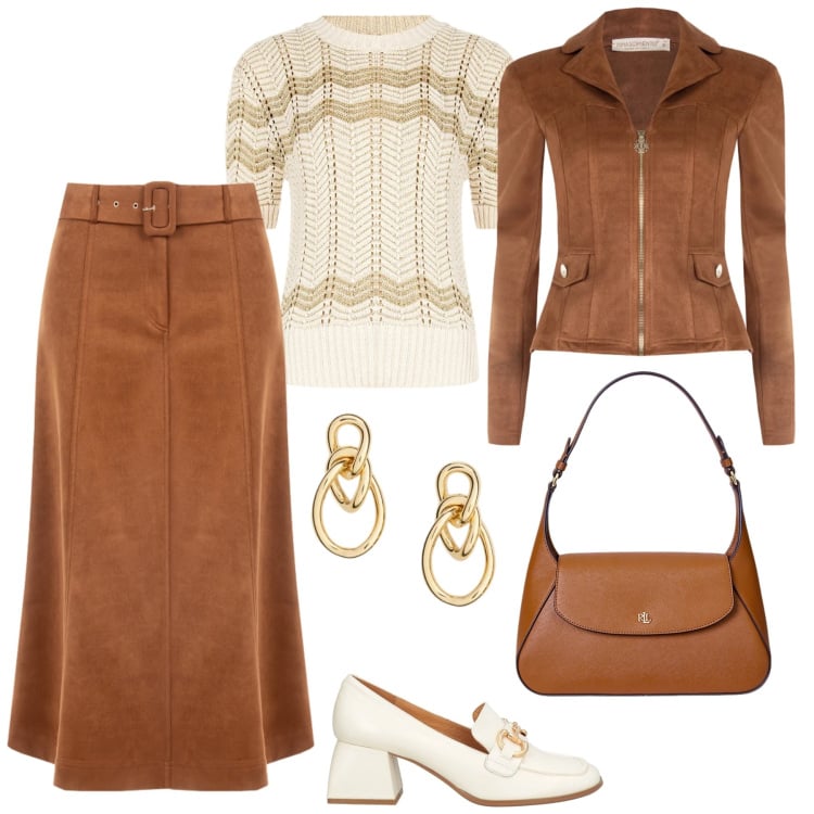 Outfit donna - Total look #2342733. Stile Chic per Cerimonia. Abbinamento con mocassini, gonne longuette, giacche, t-shirt, borse a spalla, orecchini.