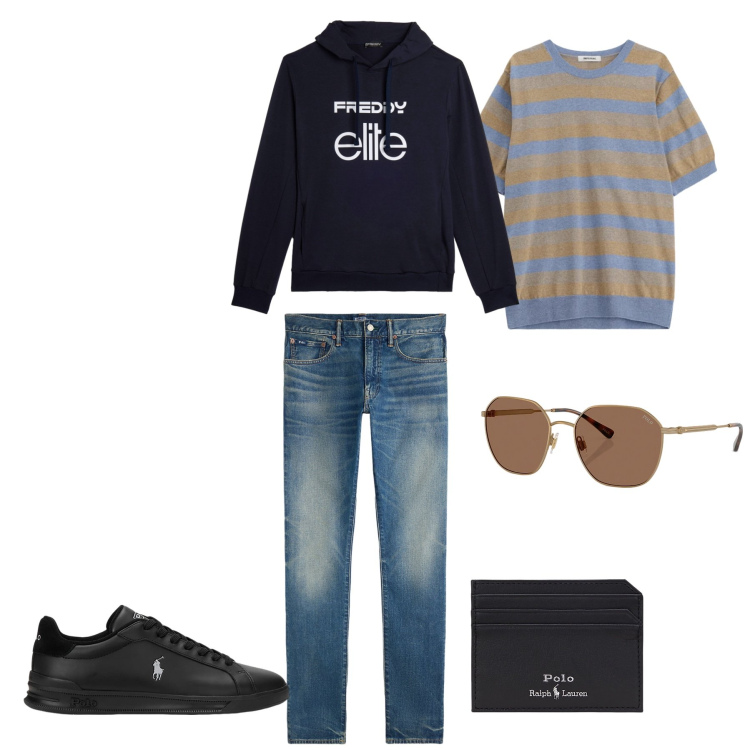 Outfit uomo - Urban Elite. Stile Casual per Tutti i giorni. Abbinamento con maglieria, felpe con cappuccio, sneakers, occhiali da sole, portafogli, jeans.