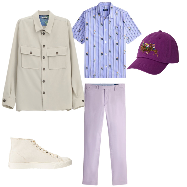 Outfit uomo - Lavender Dream. Stile Trendy per Tutti i giorni. Abbinamento con camicie, sneakers, camicie a manica corta, pantaloni, cappelli.