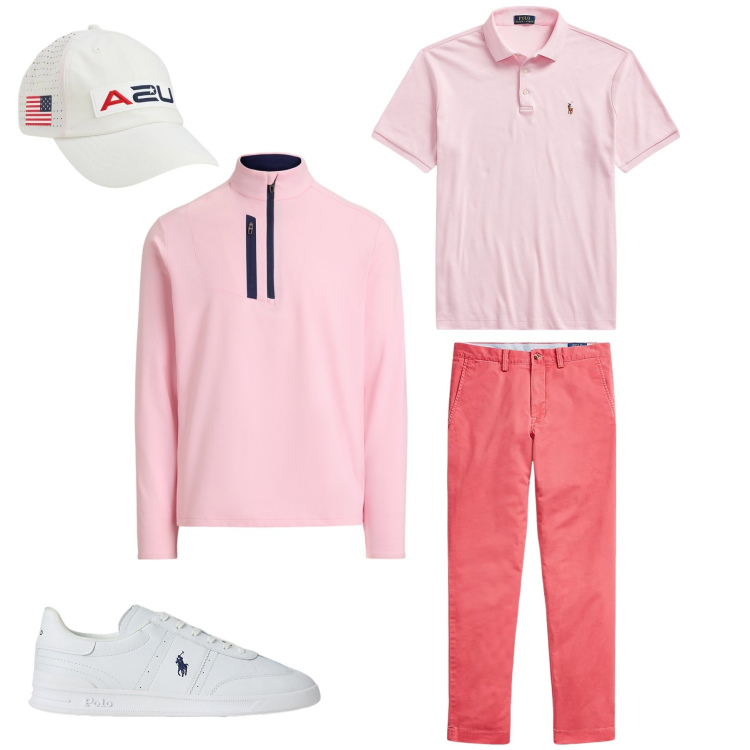 Outfit uomo - Pink Power. Stile Urban per Tutti i giorni. Abbinamento con polo, pantaloni, sneakers, pullovers, cappelli con visiera.