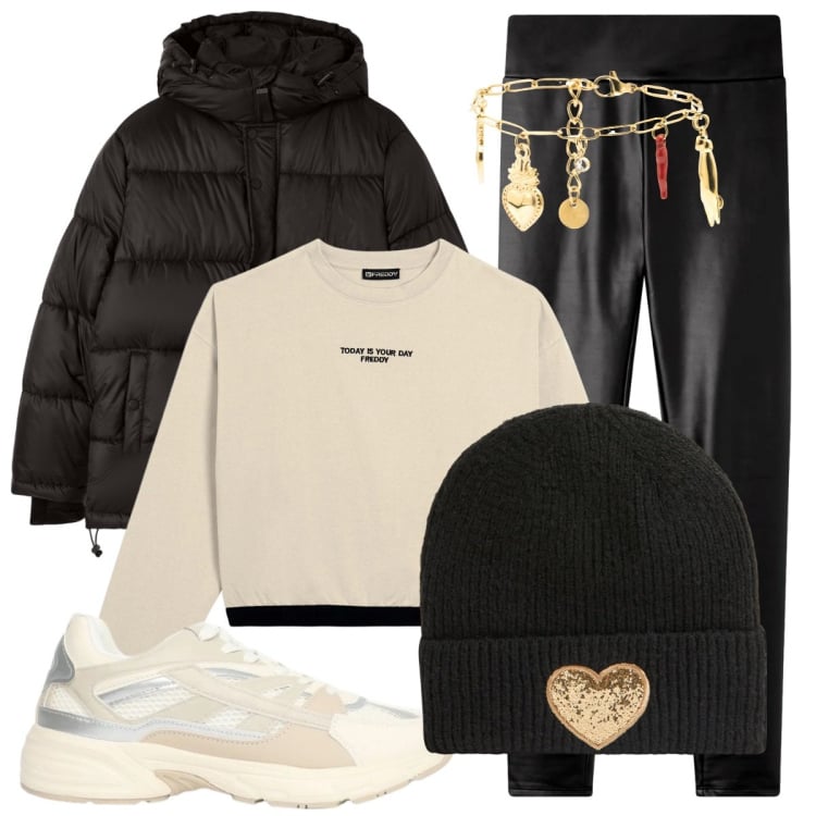 Outfit donna - Pomeriggio con gli amici. Stile Glamour per Tutti i giorni. Abbinamento con berretti, bomber, sneakers, leggings, braccialetti, felpe.
