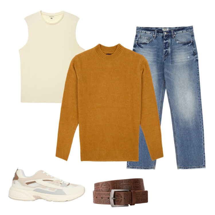 Outfit uomo - Golden Hour. Stile Casual per Tutti i giorni. Abbinamento con cinture, jeans, sneakers, canottiere, maglieria.