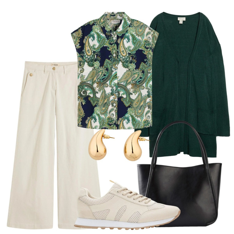 Outfit donna - Accenni di primavera. Stile Casual per Tutti i giorni. Abbinamento con camicie, cardigans, pantaloni, orecchini, sneakers, shopping bag.
