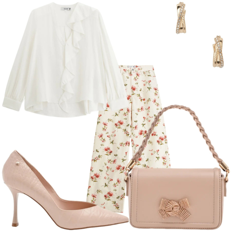 Outfit donna - Arriva la primavera. Stile Casual chic per Tutti i giorni. Abbinamento con bluse, pantaloni a palazzo, pochette, décolleté, orecchini.