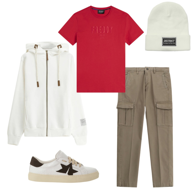 Outfit uomo - Red Passion & Snow White. Stile Trendy per Tutti i giorni. Abbinamento con pantaloni cargo, felpe con cappuccio, sneakers, berretti, t-shirt.