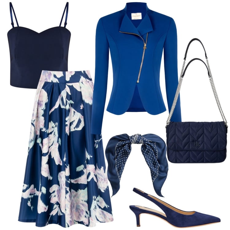 Outfit donna - Total look #2342744. Stile Romantica per Cerimonia. Abbinamento con blazer, top, gonne longuette, décolleté, borse a tracolla, foulard.