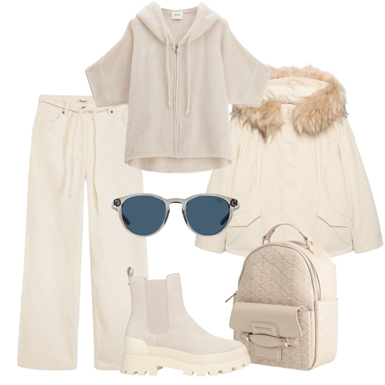 Outfit donna - Easy soft look. Stile Casual per Tutti i giorni. Abbinamento con stivaletti chelsea, zaini, pantaloni, piumini, cardigans, occhiali da sole.