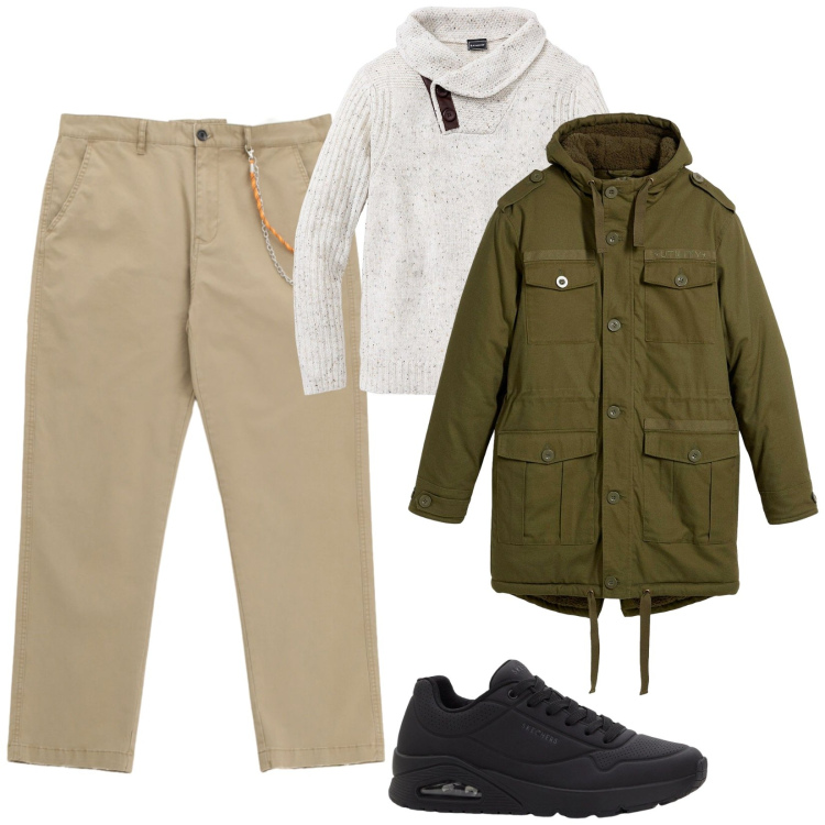 Outfit uomo - Stile metropolitano. Stile Urban per Tutti i giorni. Abbinamento con parka, maglieria, sneakers, pantaloni.