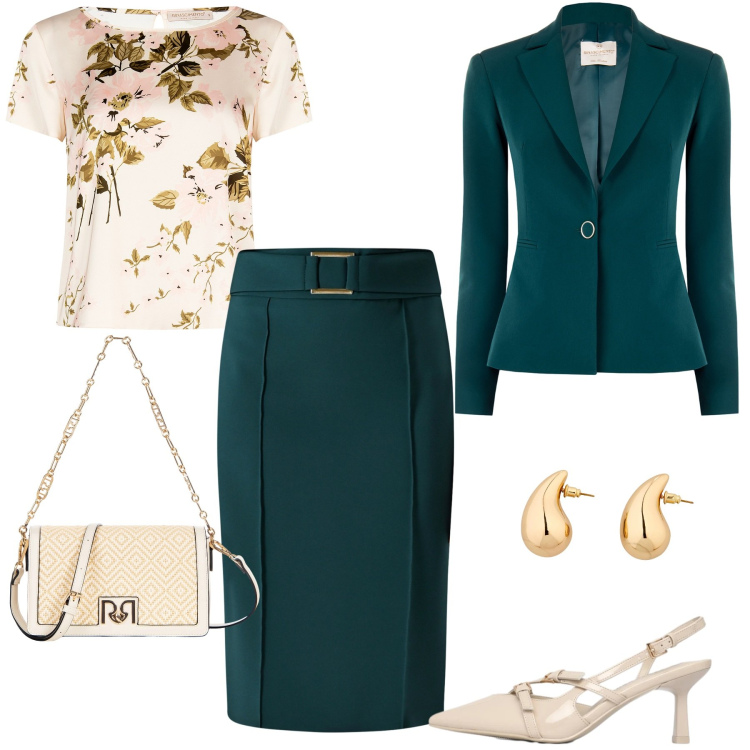 Outfit donna - Evento - cerimonia a primavera. Stile Bon Ton per Cerimonia. Abbinamento con orecchini, décolleté, blazer, bluse, borse a tracolla, gonne.