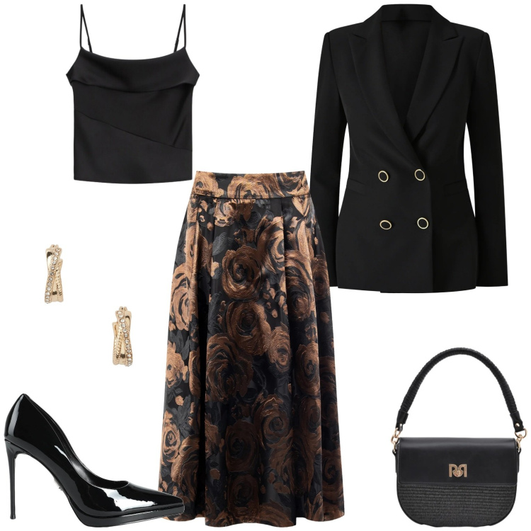Outfit donna - Serata elegante. Stile Chic per Serata fuori. Abbinamento con décolleté, canottiere, borse a spalla, blazer, gonne longuette, orecchini.