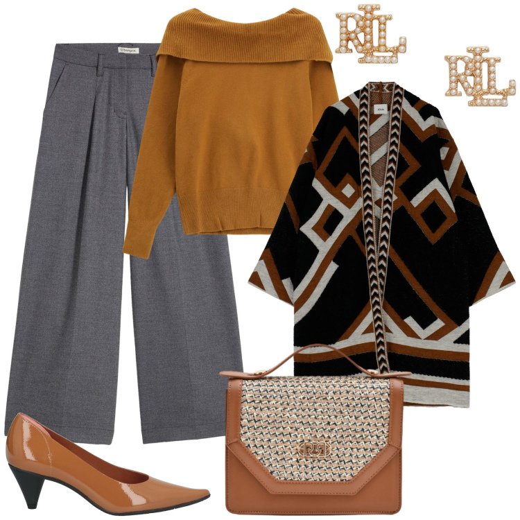 Outfit donna - Eleganza in città. Stile Chic per Tutti i giorni. Abbinamento con décolleté, pantaloni, cappe, maglieria, pochette, orecchini.