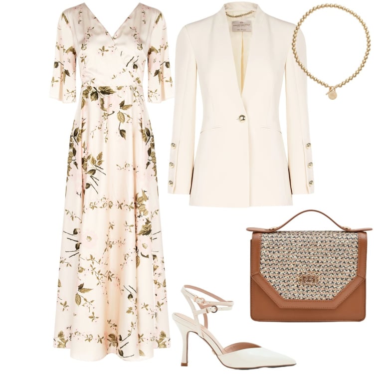 Outfit donna - Romantica a primavera. Stile Romantica per Cerimonia. Abbinamento con pochette, décolleté, vestiti lunghi, blazer, collane.