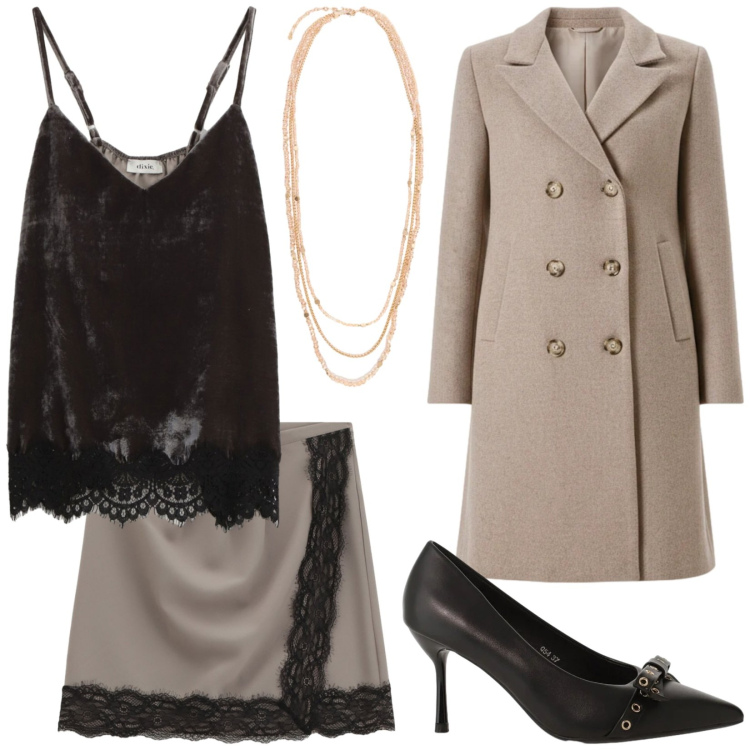 Outfit donna - Total look #2342781. Stile Sexy per Serata fuori. Abbinamento con décolleté, collane, top, minigonne, cappotti.