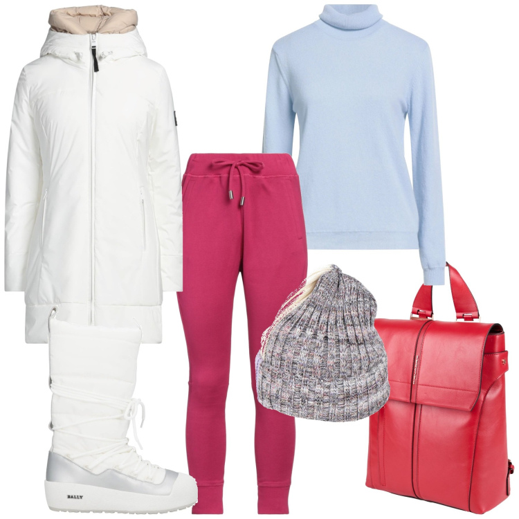 Outfit donna - Settimana bianca. Stile Sporty chic per Sport. Abbinamento con parka, zaini, maglieria, stivali da neve, cappelli, pantaloni sportivi.