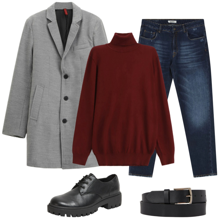 Outfit uomo - Total look #2342789. Stile Casual per Ufficio. Abbinamento con scarpe stringate, jeans dritti, cappotti, maglieria, cinture.