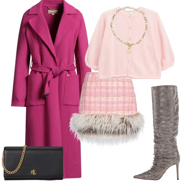 Outfit donna - Febbraio in tonalità soft. Stile Casual chic per Serata fuori. Abbinamento con stivali, minigonne, cappotti, collane, borse a tracolla, cardigans.