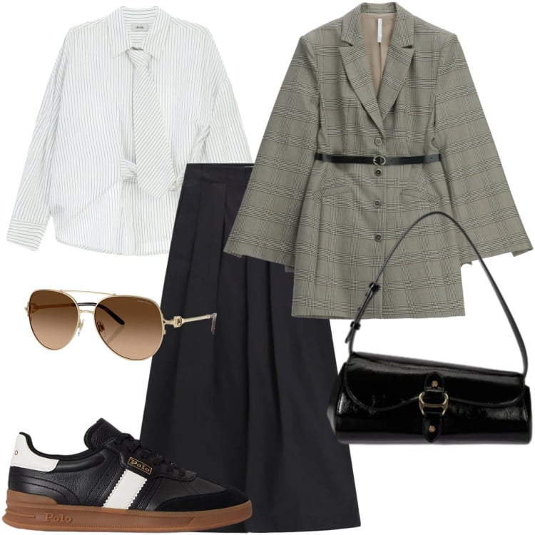 Outfit donna - Fashion in citta. Stile Minimal per Tutti i giorni. Abbinamento con vestiti corti, occhiali da sole, sneakers, borse a spalla, camicie, pantaloni a palazzo.