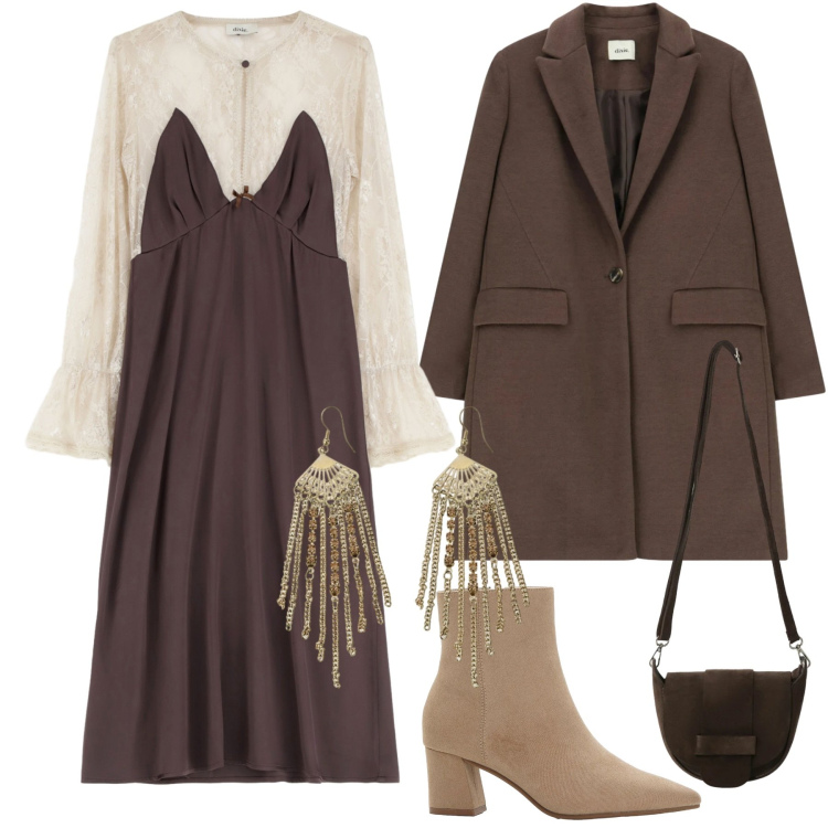 Outfit donna - Dixie FW 2025. Stile Romantica per Serata fuori. Abbinamento con stivaletti, vestiti midi/longuette, cappotti, borse a tracolla, orecchini.