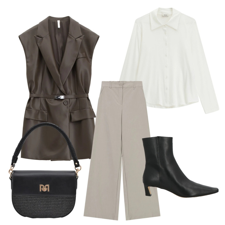 Outfit donna - Lo smanicato. Stile Chic per Tutti i giorni. Abbinamento con gilet, borse a spalla, camicie, pantaloni a palazzo, stivaletti.
