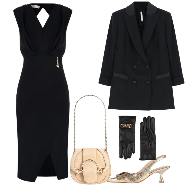 Outfit donna - Nero e oro. Stile Chic per Serata fuori. Abbinamento con décolleté, guanti, marsupi, blazer, vestiti asimmetrici.