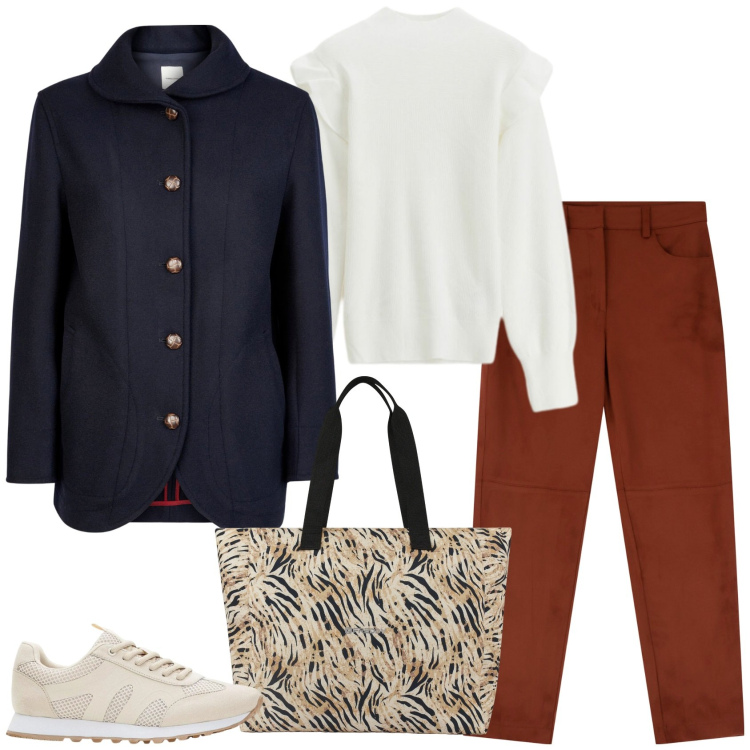 Outfit donna - Shopping. Stile Casual per Tutti i giorni. Abbinamento con sneakers, pantaloni chino, maglieria, shopping bag, blazer.