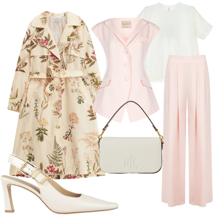 Outfit donna - Tonalità soft. Stile Casual chic per Serata fuori. Abbinamento con décolleté, t-shirt, trench, pantaloni a palazzo, gilet, borse a spalla.